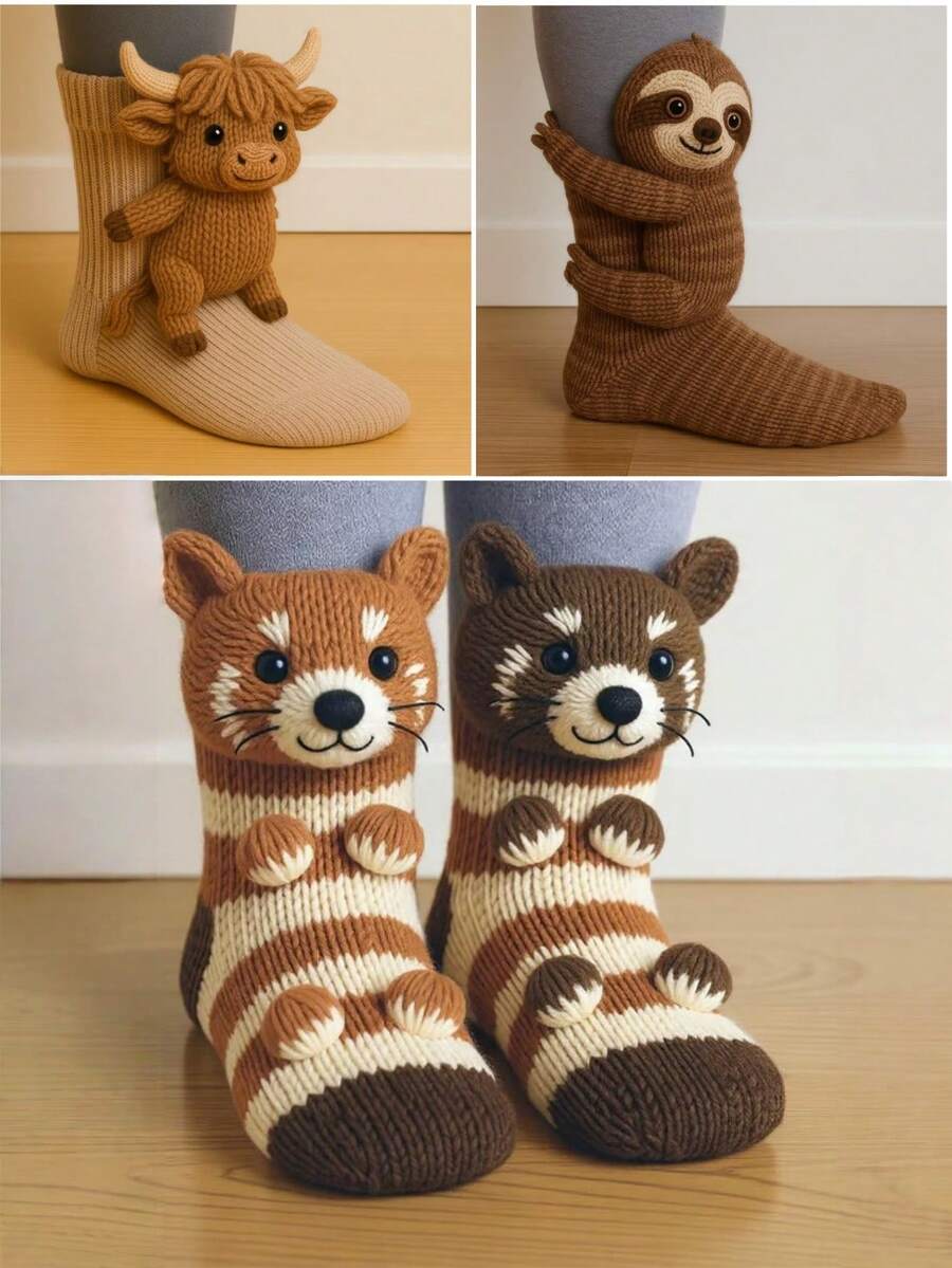 Calcetines de piso con diseño de animales navideños y de San Valentín en 3D, calcetines cálidos para interiores, nuevos calcetines de algodón tejido