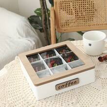 1pc White Minimalist Wooden Tea Box With 4/6/9 Compartments Glass Window, Tea Bag & Coffee Pouch Storage Box, Tea Room Organizer - Multicolor - View 12