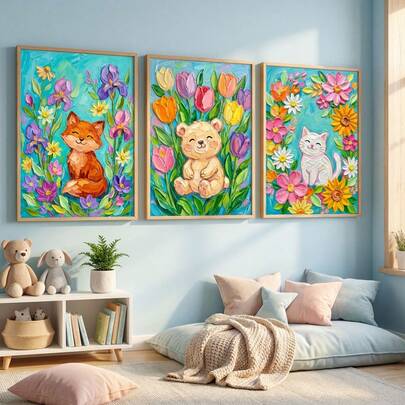 Welcome To The Storybook Forest. 3 PiecesCartoon Art Featuring A Friendly Fox, Bear, Cat & Flowers. Create A Magical World In Your Child's Room Or Playroom.