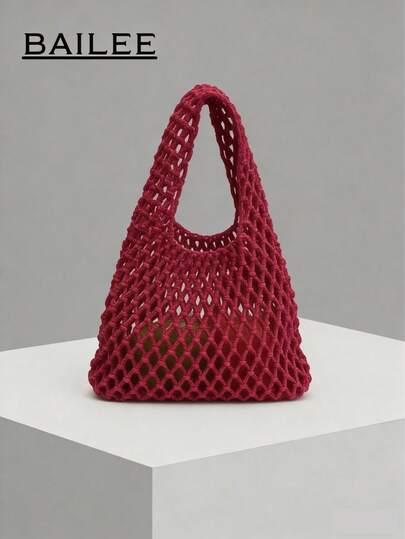 1 Piece Set Of Polyester Thread Hook Mesh Eyelid Bottom Multicolor Solid Color String Knitting Handbag Argyle Lightweight Portable Large Capacity Cute,Kawaii Fashionable Quilt Bag Beach Bag For Women