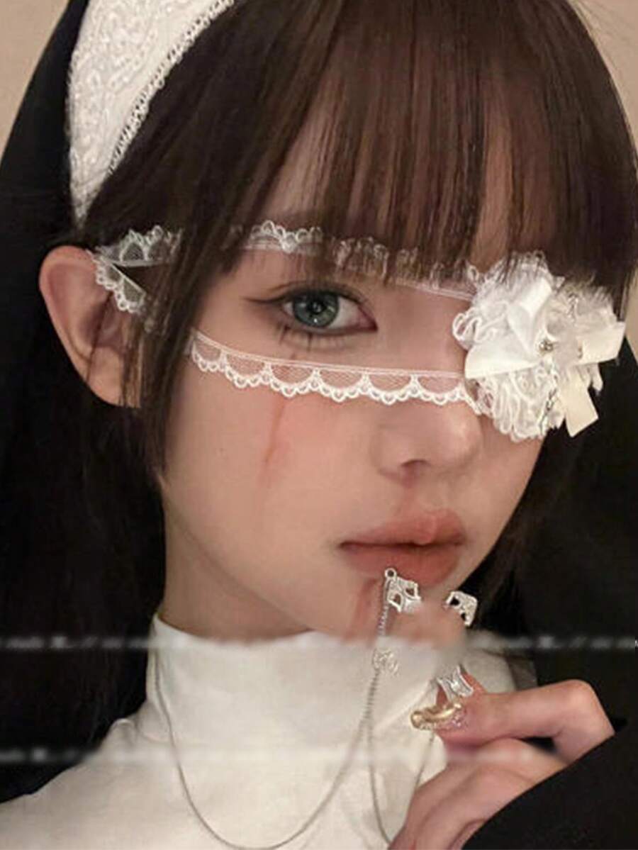 1pc Gothic Lace Eyemask, Bow & Heart Headband Accessory, Can Be Used As Leg Garter, For Holiday Party Costume,Halloween - Multicolor - View 1