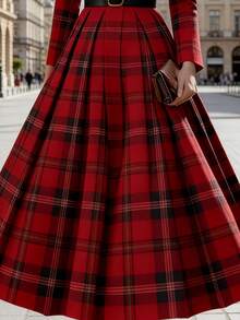Elegant Red Plaid Long Sleeve Flare Dress For Women, [Without Belt, Belt Only For Decoration] Spring - Multicolor - View 3