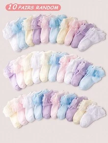 20/10/5/1 双装女童/婴儿袜，可爱时尚精致柔软蕾丝花边公主风短袜，简约休闲透气舒适百搭，适合上学、生日派对、节日活动、户外活动等场合，颜色随机发货，多包装可选 - 彩色 - 查看 18