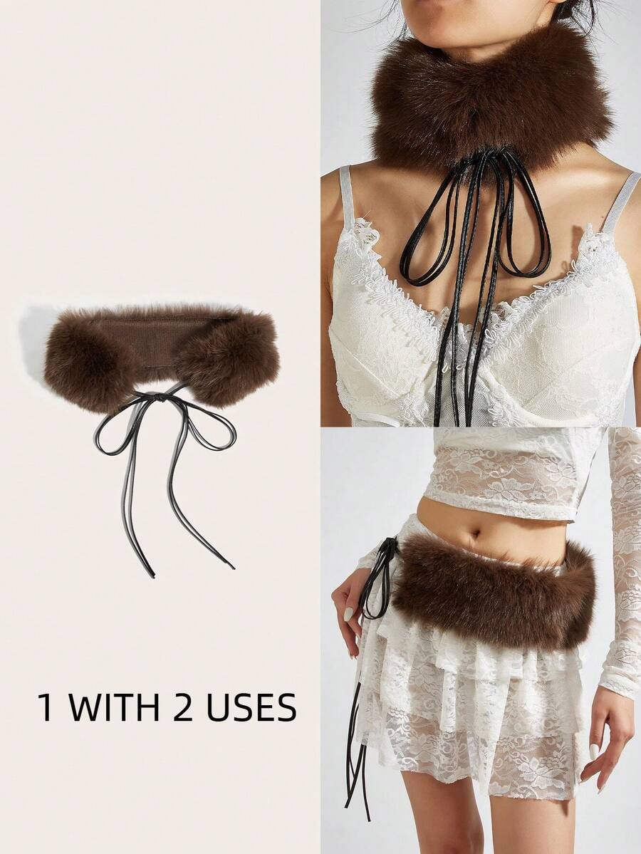 1pc Vintage Elegant Furry Rope Belt, Coffee Rabbit Fur Fuzzy With Black Rope Tie Waist Belt, 2-In-1 Design As Neck Scarf Or Waist Belt, Elegant & Sexy, Suitable For Winter, Pair With Coats, Sweaters, Dresses, Pants, Ideal For Parties, Casual Outings, Holiday Dates, Campus Wear, Autumn/Winter