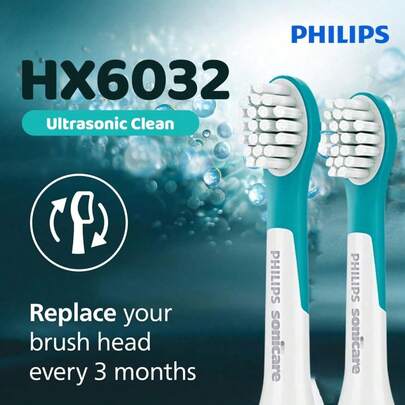 PHILIPS Sonicare Electric Toothbrush Heads HX6032/63 - Compact For Kids (2 Packs), Ages 3+, Aqua, Click-On Brush Head System,Superior Cleaning In Seconds