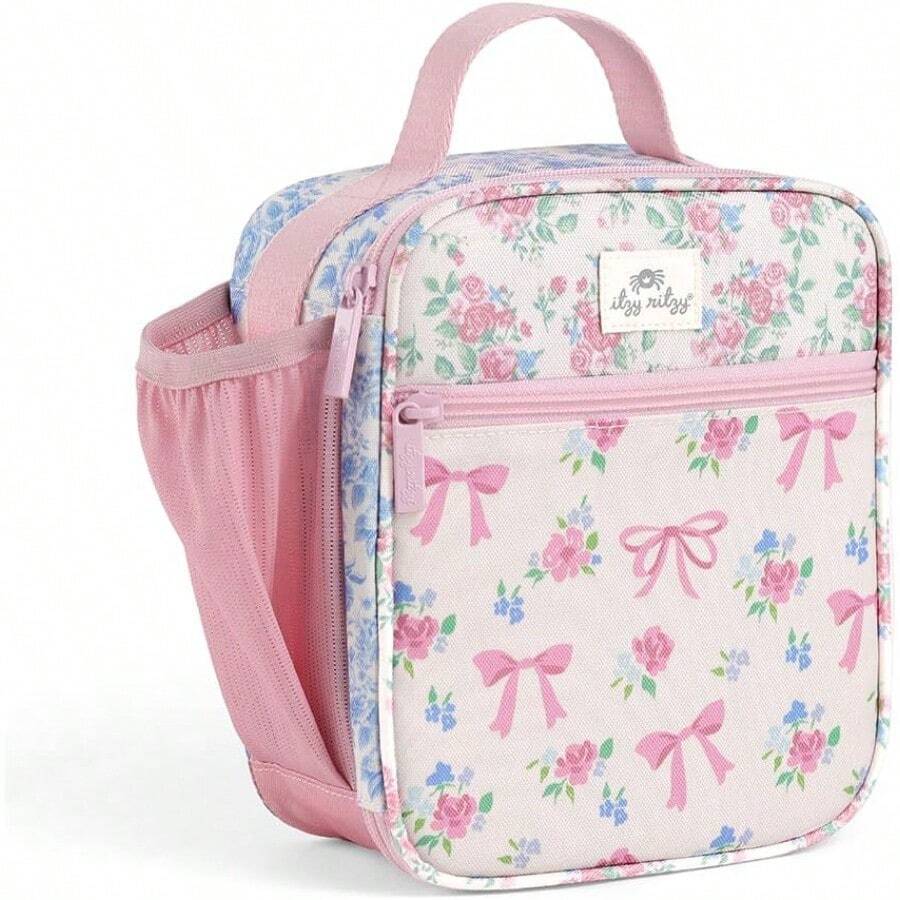 YQQ Itzy Ritzy - Fiambrera para niños pequeños - La lonchera para niños está aislada e incluye soporte para botellas de agua más 2 bolsillos duradera y fácil de limpiar cintas y rosas2179 - Cintasyrosas - Ver 1