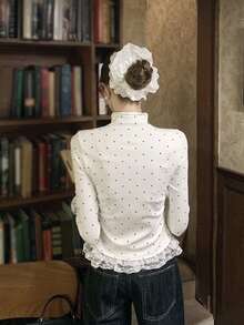 春季韩版优雅蕾丝下摆波点蝴蝶结长袖T恤 - 白色 - 查看 4