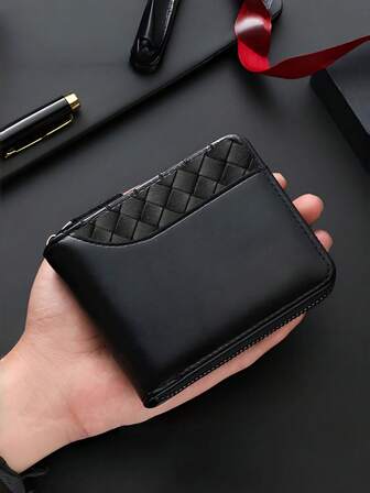 Men's Luxury Faux Leather Wallet, Embossed Top, Smooth Black Faux Leather Body, Zipper Closure, Multiple Card Slots, Large Capacity, Stitching Design - The Perfect Gift For Father, Husband Or Brother