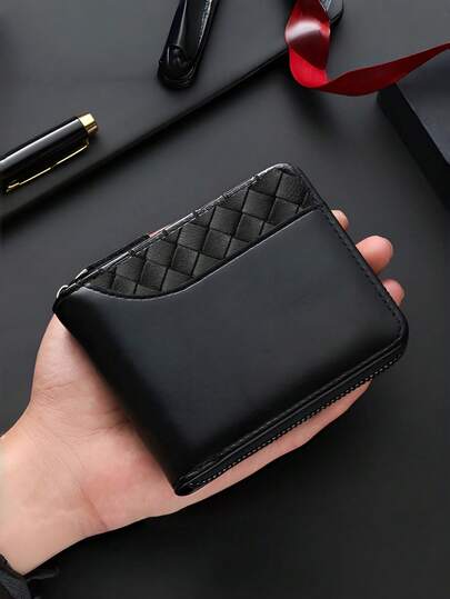 Men's Luxury Faux Leather Wallet, Embossed Top, Smooth Black Faux Leather Body, Zipper Closure, Multiple Card Slots, Large Capacity, Stitching Design - The Perfect Gift For Father, Husband Or Brother
