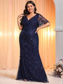 EVERPRETTY Plus Size Women V-Neck Sequin Embroidery Mesh Mermaid Maxi Dress, Formal Evening Party Gown For Valentine's Day Date, Winter Spring Wedding Guest Cocktail Dress, Navy Blue - Navy Blue - View 8