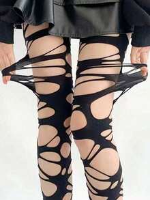 1PC Black Punk Goth Fishnet Tights For Women Y2K Millennium Hottie JK Style Distressed Holes Stockings Sexy Edgy Base Layer Pantyhose Soft Durable Daily Home Party Date Concert Travel Gift For Girlfriend Mom Daughter Friend Anniversary Present Limited Quantity Per Order - 黑色 - 查看 1