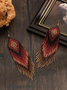 SOUL BEADING Bohemian Handmade Tassel Earrings For Women, Vintage , Red & Black Geometric Rhombus Pattern, Long Swinging Tassel Pendant, Suitable For All Seasons, Versatile For Daily Wear, Vacation, And Gift Giving - Red - View 5