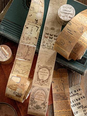 40mm*2M Vintage English Phrase Decorative Washi Tape, Creative Retro Plant & Travel English Notes Pattern, Cute Stickers For Scrapbooking, Diary, Planner, DIY, School Supplies