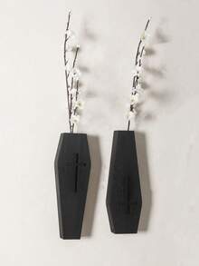 1pc/2pcs Gothic Coffin Wall Hanging Vase, Black Cross Wooden Wall Mounted Planter, Home Decor, Eerie Gothic Vase, Wall Hanging Plant Holder, Mystical Occult Aesthetic Decor, Living Room Bedroom Gothic Shelf Decor, Fashionable Dark Gothic Vase, Handmade Wooden Coffin Vase