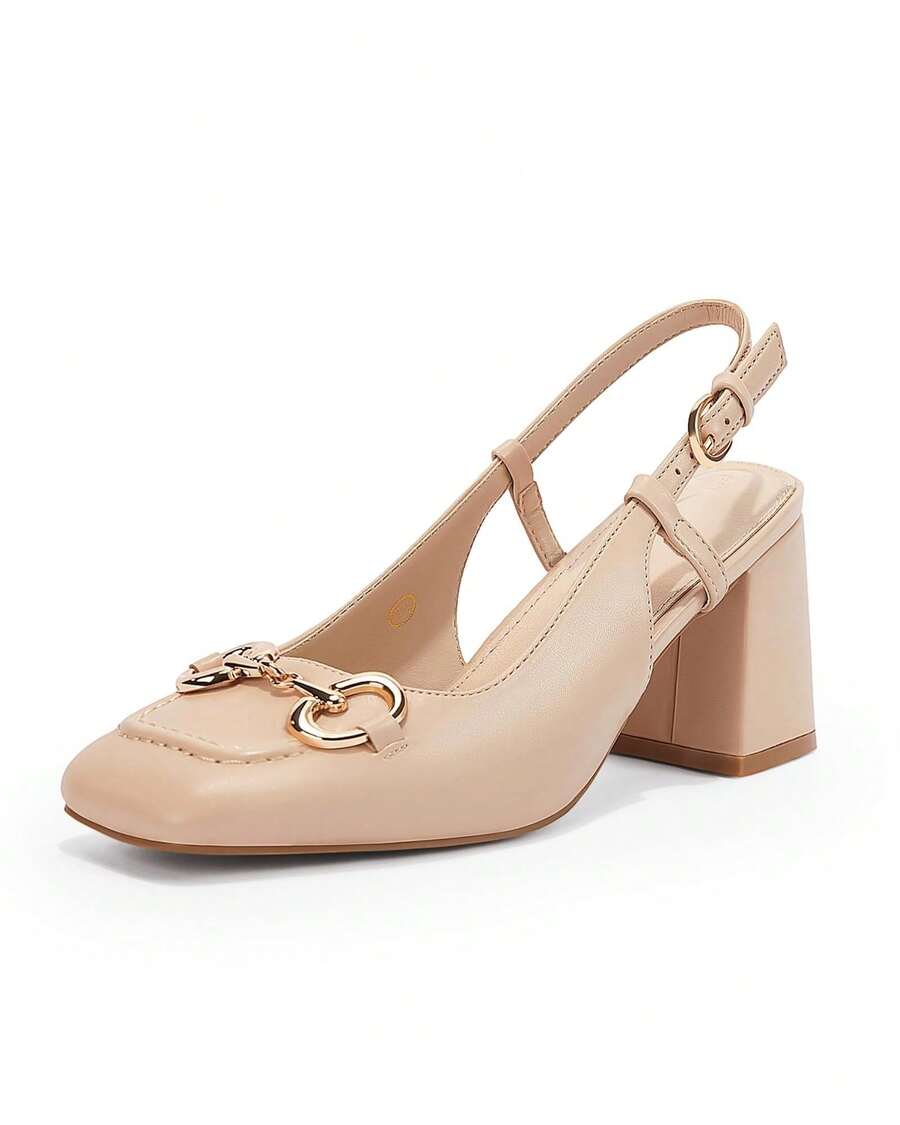 Women's Slingback Block Heels Shoes – Petite Leg-Lengthening Square Toe Slip-On Buckle Strap Work Pumps For Office, Business, Christmas & New Year Gifts - Kaki nhạt - Xem 1