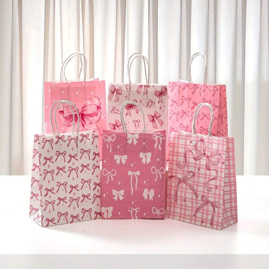 6pcs Pink Bow Theme Party Gift Bags - Elegant Paper Gift Bags With Handles, Suitable For Weddings, Bridal Showers, Birthdays And Special Occasions, Decorated With Pink Bows, Stars And Geometric Patterns, Wedding Party Favors | Dreamy Bow Design | Sturdy Handles Bags, Bridal Shower Gifts