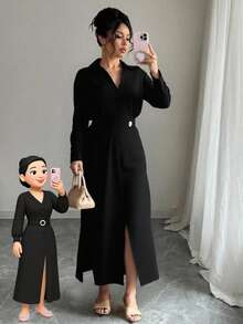 Elegant Solid Color Long Sleeve Lapel Waist Dress