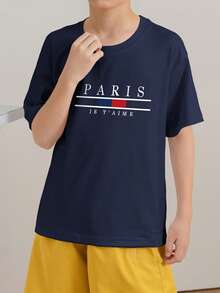 Tween Boy Casual Printed Dark Blue Round Neck Short Sleeve T-Shirt, Summer