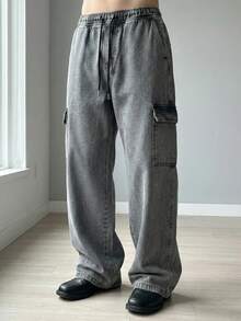 Light Graphite Cargo Pants Jeans 4 Pockets Street Style Urban Skater Elastic Waist - Dark Grey - View 7