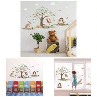 Jungle Animals Tree Double Sided Wall Decal35u201Dx24u201D Kangaroo Owl Squirrel Wall Sticker, Forest Koala Bird Window Cling, Cartoon Woodland Hedgehog Room Stickers Bedroom, Nursery
