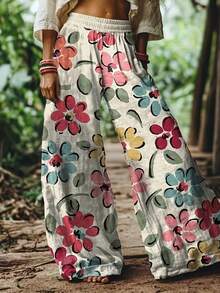 Boho Floral Print Wide-Leg Pants: All-Over Blossom & Vine Design In 100% Polyester With Multi-Color Blooms On White For Garden Parties, Casual Vacations And Summer Style For Women. - 混合色 - 查看 2