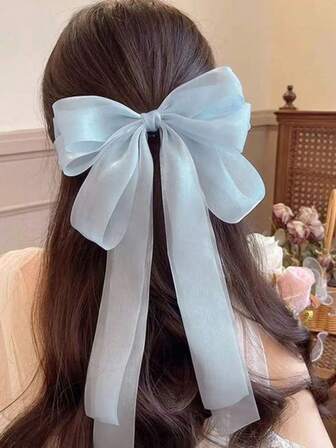 1 PC Blue Hair Bow Mesh Extra Wide Double Layer Shiny Bow Hair Ribbon Spring Clip, Elegant & Soft Headpiece Accessory For Spring Hair Clips Claw Clips Hair Claws Hair Slide Hair Barrettes, School Stuff, College, Bows, Cute, Classy, Winter Outfit Women, Hair Accessories