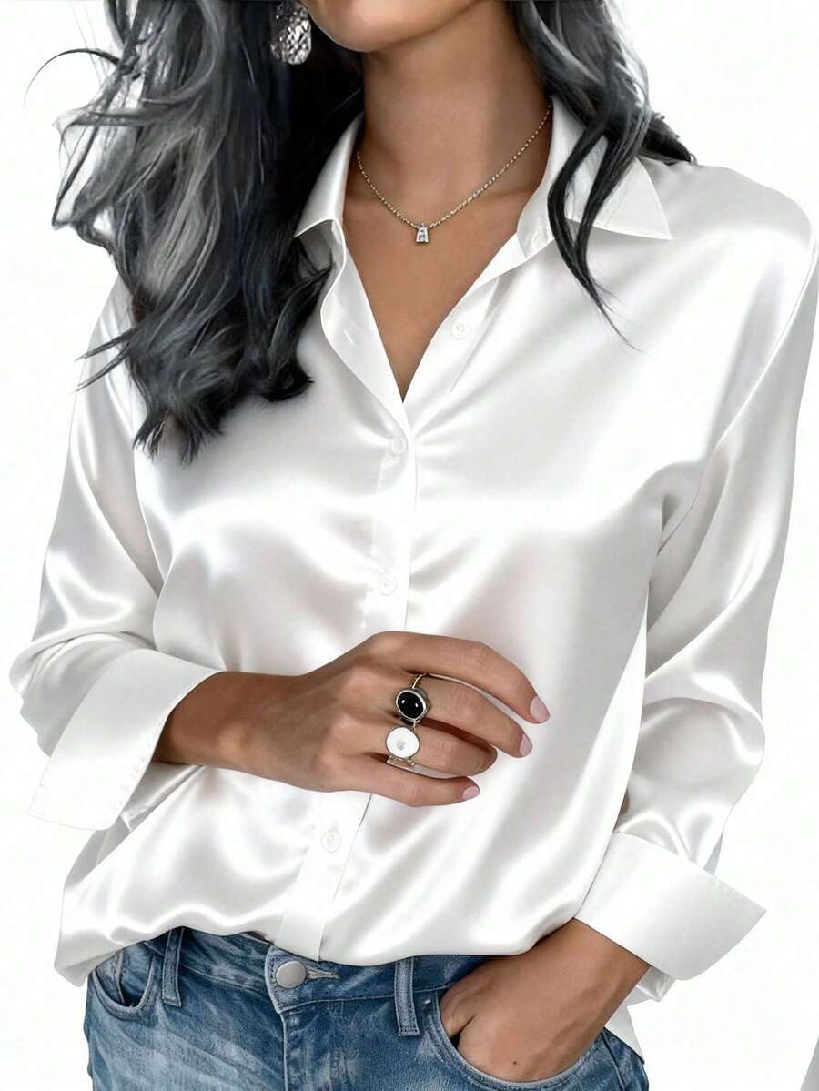 大尺碼女款緞面襯衫，商務休閒鈕扣領上衣，優雅辦公室襯衫，適合秋冬春夏，白色