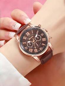 14pcs Women's Watch PU Leather Fashion Simple Three Eye Roman Scale Dial Quartz Watch Set Wristwatch Party Wedding Gift Beach Vacation Valentine Gift