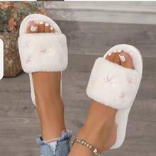New Stylish Color-Blocked Bowknot Fluffy Slippers For Women, Perfect For Autumn And Winter Indoor Wear, Featuring Plush Lining, Warmth, And Non-Slip Soles. - trắng - Xem 4