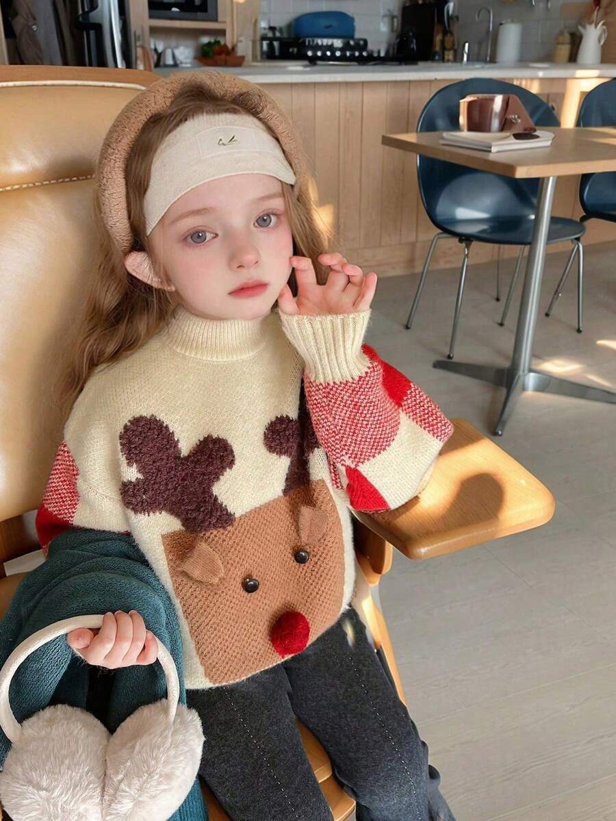Young Girl Cartoon Deer Pattern Detail Long Sleeve Stand Collar Minimalist Casual Sweater