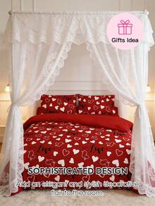 Valentine's Day Limited Edition Red Heart Duvet Cover Set, Classic Bright Red Clashing With Scattered White Heart Prints + Handwritten "Love" Text, Hiding A Valentine's Day Confession In Every Inch Of The Fabric. Soft And Skin-Friendly Fabric With A Fluffy, Cloud-Like Texture. Set Includes 1 Duvet Cover + 1/2 Pillowcase, Oeko-Tex Certified. Filled With Exclusive Valentine's Day Ceremonial Vibes. - Multicolor - View 6