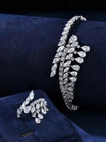 4pcs Platinum Plated Cubic Zirconia Stone Teardrop Pendant Necklace, Earrings, Bracelet And Open Ring Set, Luxury Jewelry For Women Wedding And Party - Platinum Irregular Stone 4-piece Set - View 2