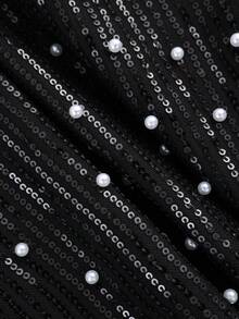 Women's Elegant Sequin Faux Pearls Short Crew Neck Jacket, Fashionable Versatile For Ladies, Suitable For Parties, Evenings And Special Occasions, Spring & Autumn - Black - View 8