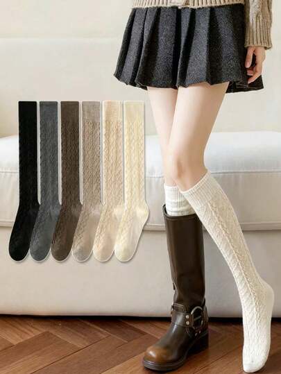 1双女士多色中筒袜，针织过膝长袜，复古压纹保暖JK款袜子，适合春秋冬季穿着