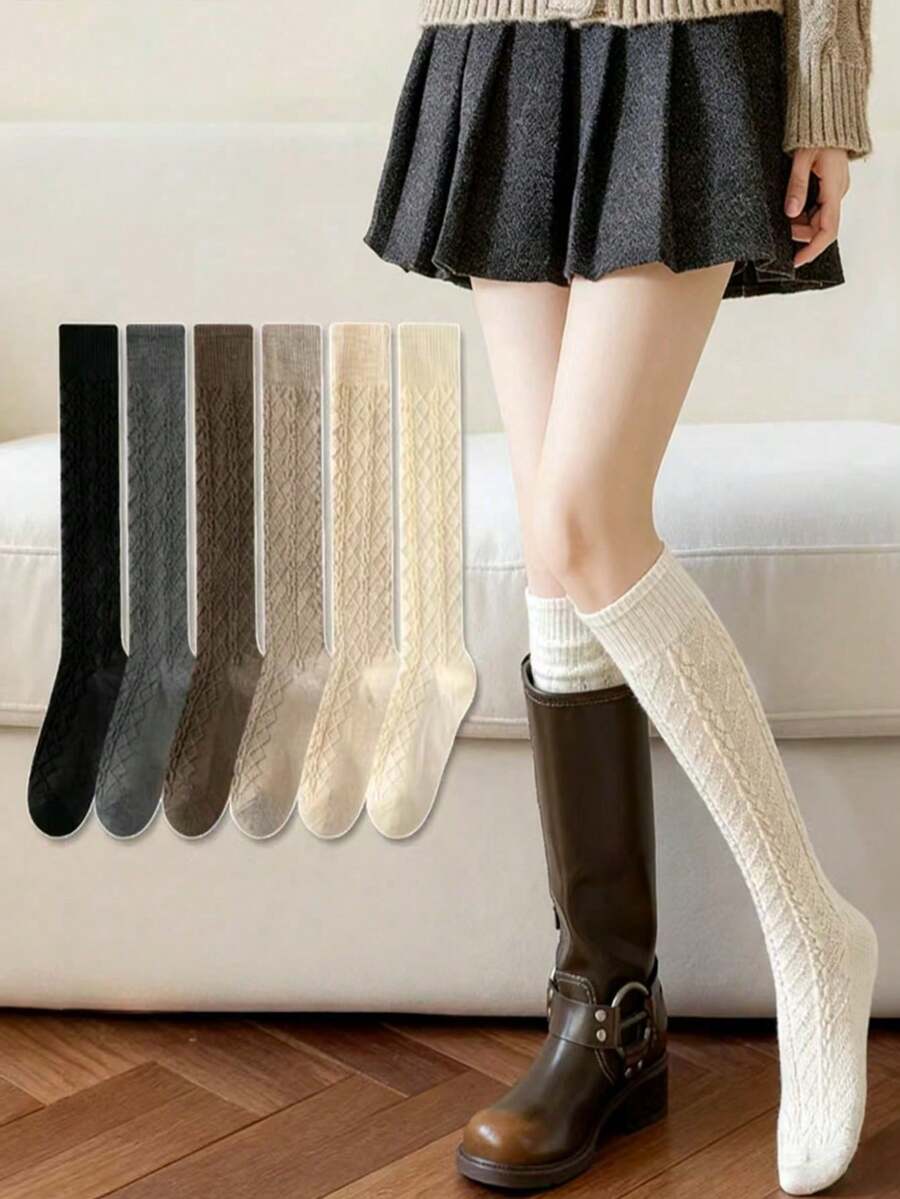 1双女士多色中筒袜，针织过膝长袜，复古压纹保暖JK款袜子，适合春秋冬季穿着 - 彩色 - 查看 1