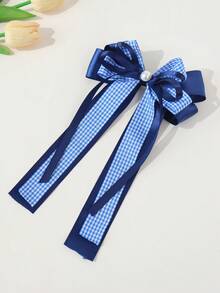 1 pieza Clip de pelo con lazo a cuadros de dos tonos, estilo escolar casual y versátil para niñas, temporada de vuelta al colegio - Azul Marino - Ver 5