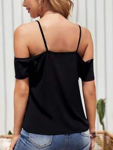 加大码黑色露肩短袖针织上衣，中等弹力 - 黑色 - 查看 2