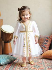 女婴长袖金属丝带刺绣雪纺派对连衣裙，适合节日庆典和家庭聚会，不含头饰 - 白色 - 查看 2