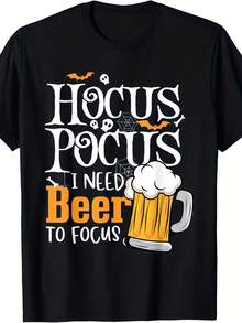 I Need Beer To Focus Beer Halloween T-Shirt 1 pieza Camiseta con estampado de letras de dibujos animados, 220g de algodón puro pesado 100% Camiseta gráfica unisex - Camiseta de algodón suave para uso diario con diseño de impresión genial para hombres y mujeres. - Negro 10 - Ver 1