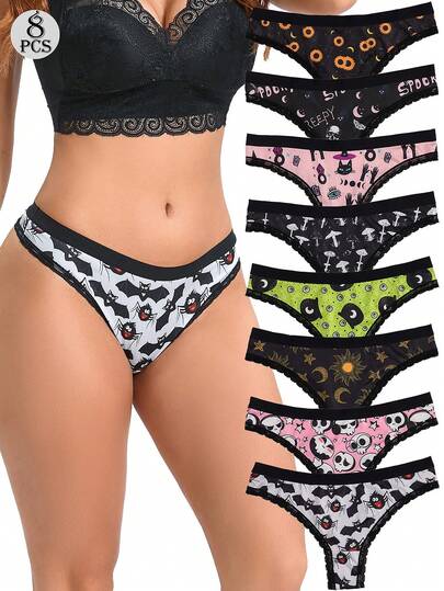 Dircho 8-delige set schattige en stoere damesonderbroeken met leuke prints van vleermuizen, doodskoppen en heksen, afgewerkt met kanten rand. Ademende, zachte stof, comfortabele onderkleding voor dagelijks gebruik en feestjes.