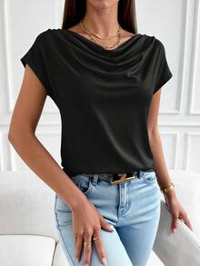 Women's Summer Clothes Tops Dressy Casual Clothing Cowl Neck Short Sleeve Blouses Business Work Office Shirts  Tops For Women - 黑色 - 查看 1