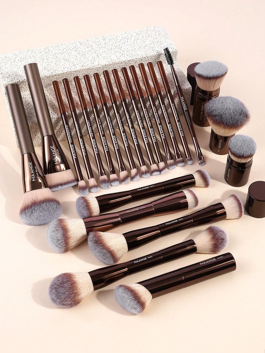 MAANGE 23pcs Makeup Brushes Set With Zipper Velvet Bag Makeup Tool Kit Flat And Angled Top Foundation Brushes Double-End Powder Blush Contour Make Up Brushes 13pcs Eyeshadow Brushes For Concealer Highlighter, Suitable For Travel - 23pcs makeup brushes with velvet bag - 查看 1