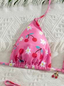 女士可爱樱桃印花系带露背比基尼套装，带打结细节，中等弹力泳衣 - 粉色 - 查看 9