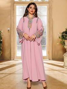 Un vestido largo de caftán árabe modesto con bordado de lentejuelas para mujer, vestido de noche, color rosa, primavera - Rosa - Ver 4