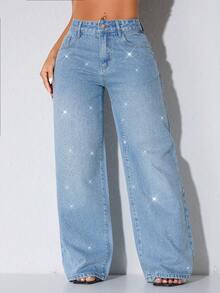 Jeans casuales de cintura baja y pierna ancha de color azul con bolsillos en diagonal y adornos con cuentas, para primavera - Agua verde azul - Ver 3