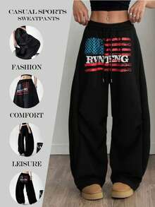 宽松阔腿慢跑裤，带字母口袋，男女通用直筒休闲运动裤，适合日常穿着，春/秋/冬季 - 耀夜黑 - 查看 5