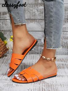 女士时尚蛇纹平底凉鞋，橙色夏季拖鞋，沙滩装扮 - 橘色 - 查看 5