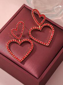 一对独特时尚甜美双层红色爱心耳环，红色水钻镶边爱心造型，适合女性日常佩戴、度假、旅行、社交场合、情人节耳环、情侣饰品等。 - 紅色 - 查看 5
