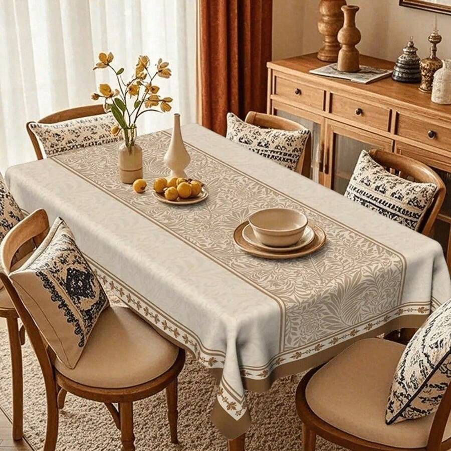 1pc Elegant Vintage Beige Floral Tablecloth With Lace Pattern - Soft Light Beige & Brown Rectangular Dining Table Cover, Durable Polyester Fabric For Home Decor, Weddings & Parties, Wrinkle-Resistant & Easy To Clean, Wedding Table Setting | Lace Tri - Nhiều màu - Xem 1