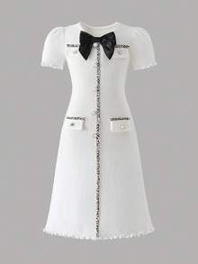 Soft & Skin-Friendly Knitted Long Dress For Women, Pearl Button With Bow Tie, Faux Pocket Trim Design, Ruffle Cuff & Hem, Suitable For Birthday Party, Performance, Daily Wear - White - View 4